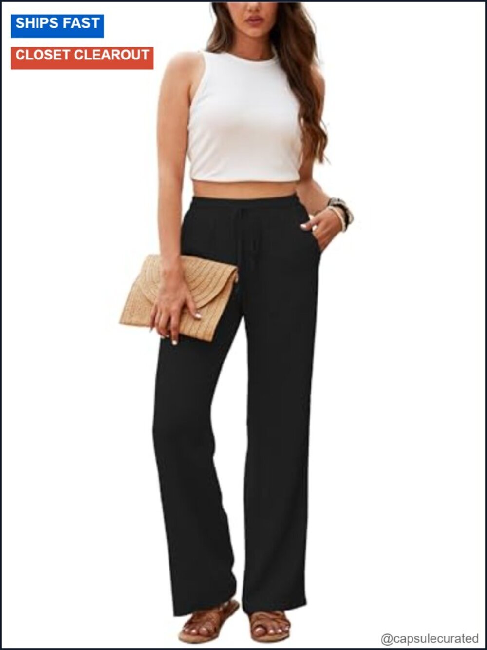 High Waisted Linen Wide Leg Pants with Pockets Drawstring Elastic Waist Beige